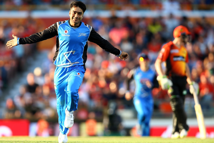 RASHID KHAN of the Strikers celebrates the wicket of Ashton Turner of the Scorchers during the Big Bash League match between the Perth Scorchers and the Adelaide Strikers at WACA in Perth, Australia. RASHID KHAN of the Strikers celebrates the wicket of Ashton Turner of the Scorchers during the Big Bash League match between the Perth Scorchers and the Adelaide Strikers at WACA in Perth, Australia.