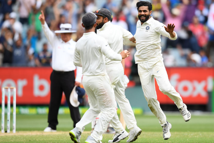 RAVINDRA JADEJA of India celebrates taking a wicket during Australia and India at MCG in Melbourne, Australia.
