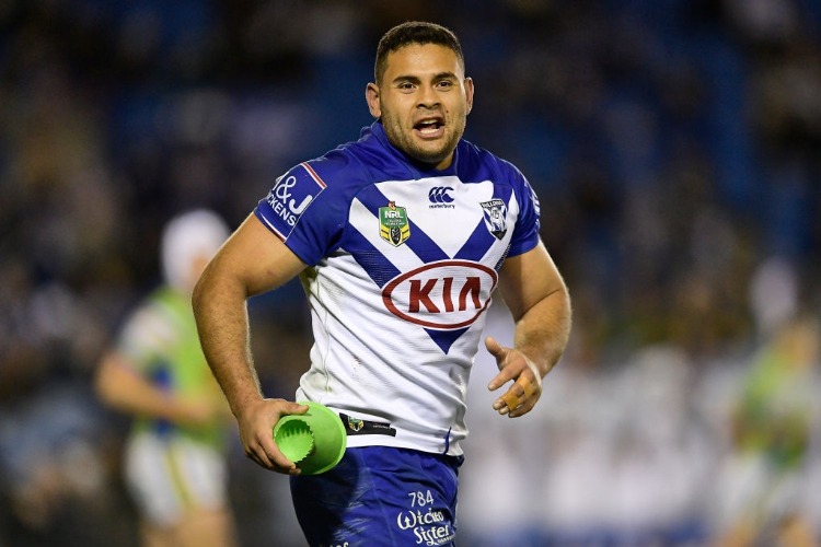 RHYSE MARTIN of the Bulldogs reacts after converting a try during the NRL match between the Canterbury Bulldogs and the Canberra Raiders at Belmore Sports Ground in Sydney, Australia.