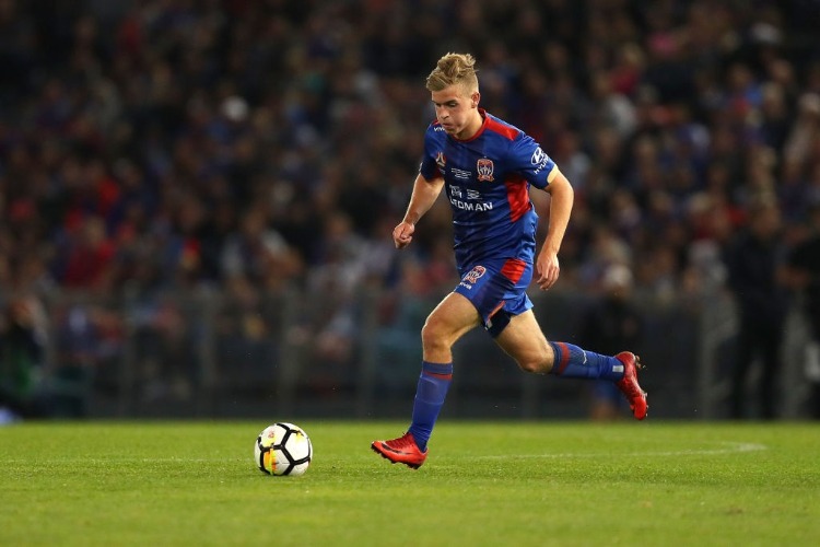 RILEY MCGREE of the Jets in action during the 2018 A-League Grand Final match between the Newcastle Jets and the Melbourne Victory at McDonald Jones Stadium in Newcastle, Australia.