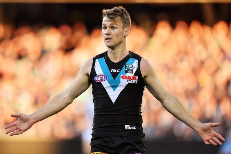 ROBBIE GRAY of the Power reacts during the AFL match between Port Adelaide Power and the Collingwood Magpies at Adelaide Oval in Adelaide, Australia.