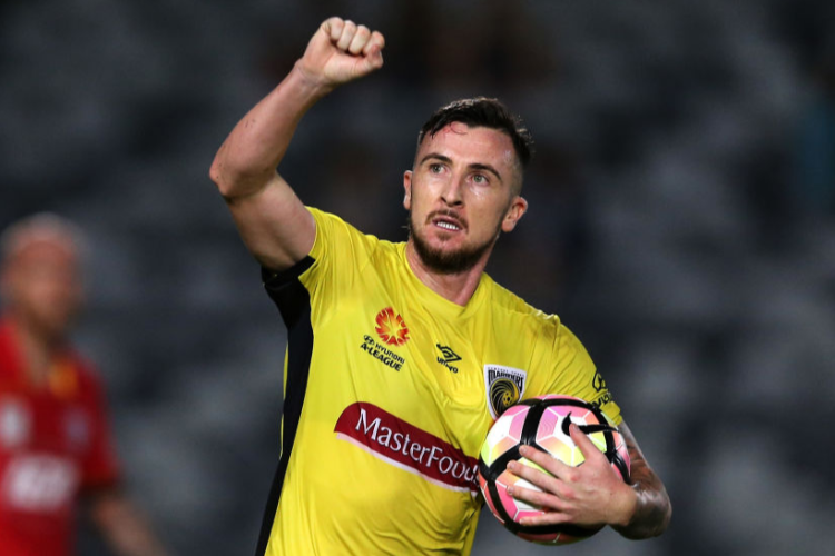 ROY O'DONOVAN of the Mariners celebrates a goal during the A-League match between Central Coast Mariners and Adelaide United at Central Coast Stadium in Gosford, Australia.