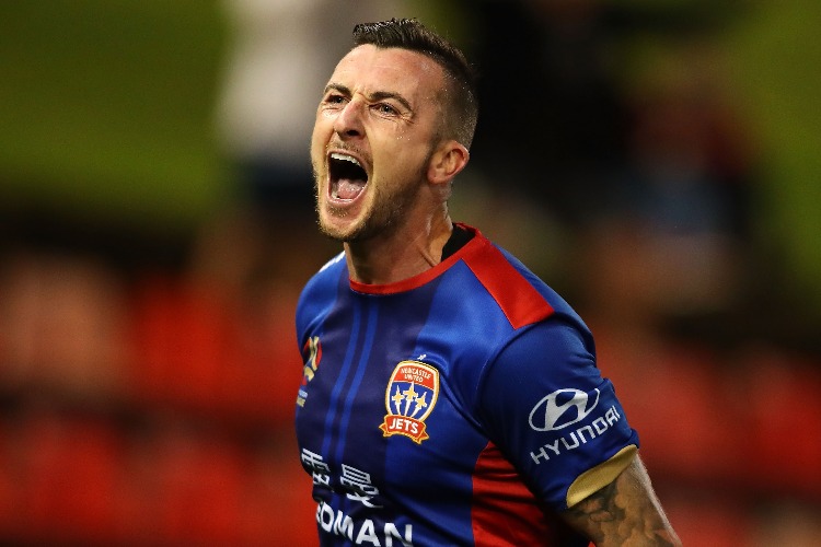 ROY O'DONOVAN of the Jets celebrates a goal during the A-League match between the Newcastle Jets and the Wellington Phoenix at McDonald Jones Stadium in Newcastle, Australia.