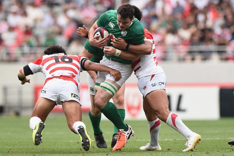 JAMES RYAN of Ireland is tackled during the international rugby friendly match between Japan and Ireland at Ajinomoto Stadium in Tokyo, Japan.