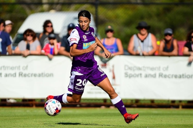 SAMANTHA KERR of Perth Glory finds space near the goals during the W-League match between the Perth Glory and Canberra United at Hay Park in Bunbury, Australia.