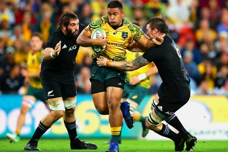 SCOTT SIO of the Wallabies is tackled during the Bledisloe Cup match between the Australian Wallabies and the New Zealand All Blacks at Suncorp Stadium in Brisbane, Australia.