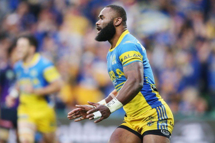 SEMI RADRADRA of the Eels celebrates after he scores a try during the NRL Qualifying Final match between the Melbourne Storm and the Parramatta Eels at AAMI Park in Melbourne, Australia.