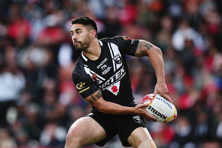 SHAUN JOHNSON of the Kiwis in action during the 2017 Rugby League World Cup match between the New Zealand Kiwis and Tonga at Waikato Stadium in Hamilton, New Zealand.