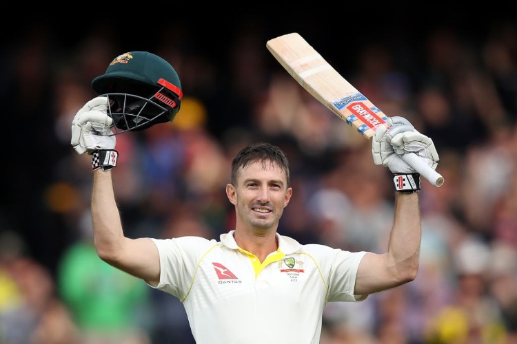 SHAUN MARSH of Australia celebrates after reaching his century during the Second Test match of the 2017/18 Ashes Series at Adelaide Oval in Adelaide, Australia.
