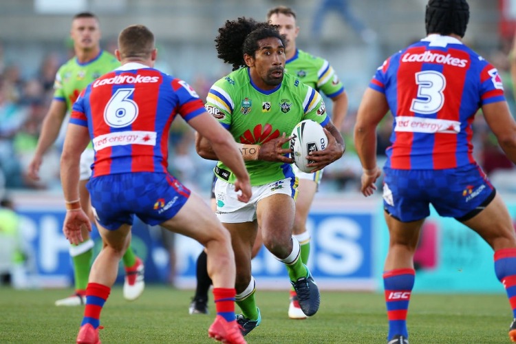 SIA SOLIOLA of the Raiders in action during the NRL match between the Canberra Raiders and the Newcastle Knights at GIO Stadium in Canberra, Australia.