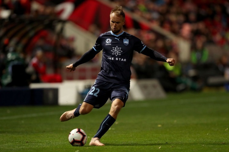 SIEM DE JONG of Sydney FC kicks the ball during the A-League match between Adelaide United and Sydney FC at Coopers Stadium in Adelaide, Australia.