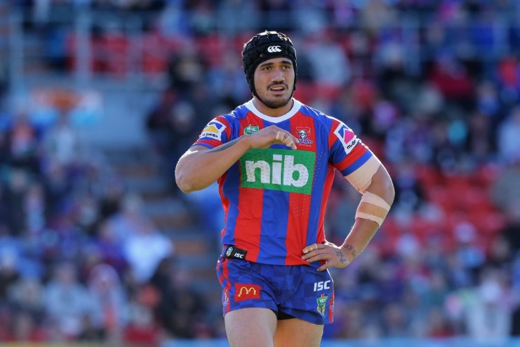 SIONE MATA'UTIA of the Knights looks on during the NRL match between the Newcastle Knights and the Melbourne Storm at McDonald Jones Stadium in Newcastle, Australia.
