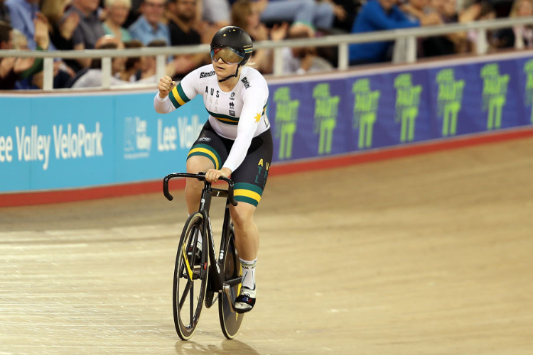 STEPHANIE MORTON of Australia celebrates winning the Women's Sprint on day two of the 2018 TISSOT UCI Track Cycling World Cup at Lee Valley Velopark Velodrome in London, England.