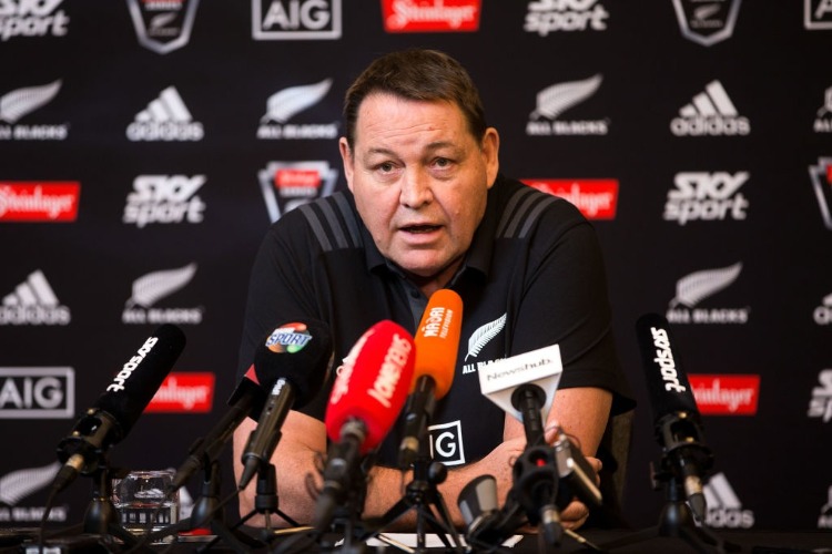 Coach STEVE HANSEN speaks to media during a New Zealand All Blacks press conference in Wellington, New Zealand.