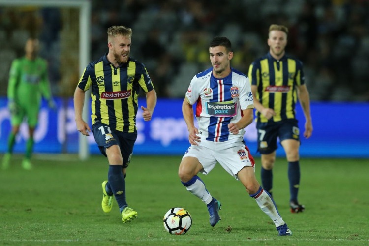 Steven Ugarkovic of the Jets in action during the round 27 A-League match between the Central Coast Mariners and the Newcastle Jets at Central Coast Stadium in Gosford, Australia.