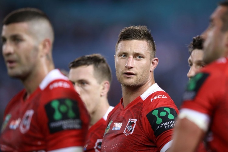 TARIQ SIMS of the Dragons looks dejected after a Bulldogs try during the NRL match between the Canterbury Bulldogs and the St George Illawarra Dragons at ANZ Stadium in Sydney, Australia.
