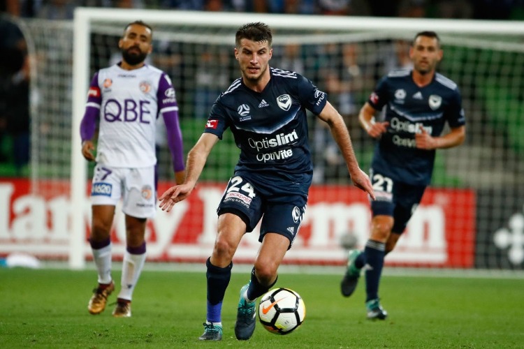 TERRY ANTONIS of the Victory controls the ball during the A-League match between the Melbourne Victory and Perth Glory at AAMI Park in Melbourne, Australia.