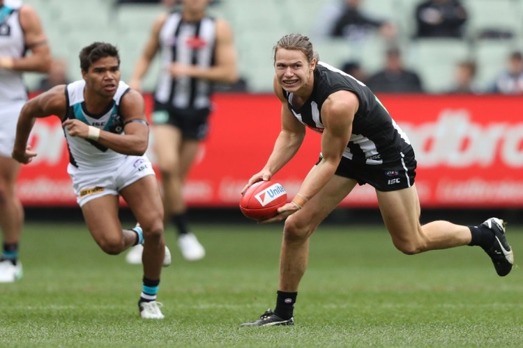 TOM LANGDON of the Magpies runs with the ball during the AFL match between the Collingwood Magpies and the Port Adelaide Power at MCG in Melbourne, Australia.