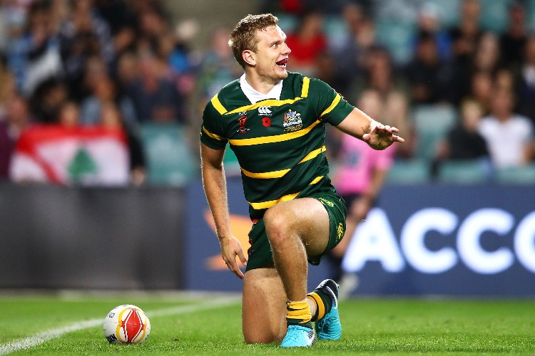 TOM TRBOJEVIC of Australia celebrates scoring at Allianz Stadium in Sydney, Australia.