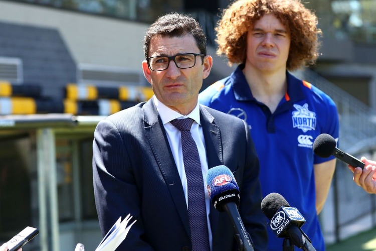 AFL General Manager Clubs and Broadcasting TRAVIS AULD speaks to media during the 2019 JLT Community Series Fixture Announcement at Avalon Airport Oval at Chirnside Park in Werribee, Australia.