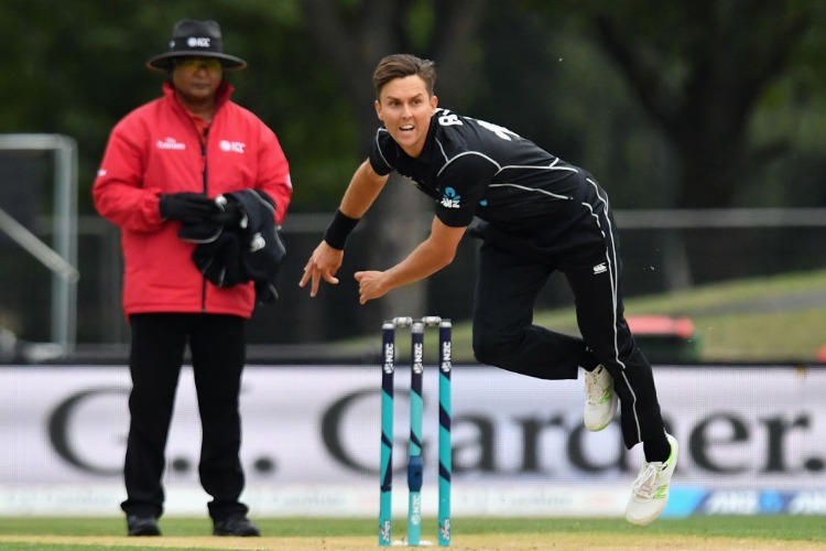TRENT BOULT of New Zealand bowls during the International match during the series between New Zealand and the West Indies at Hagley Oval in Christchurch, New Zealand.