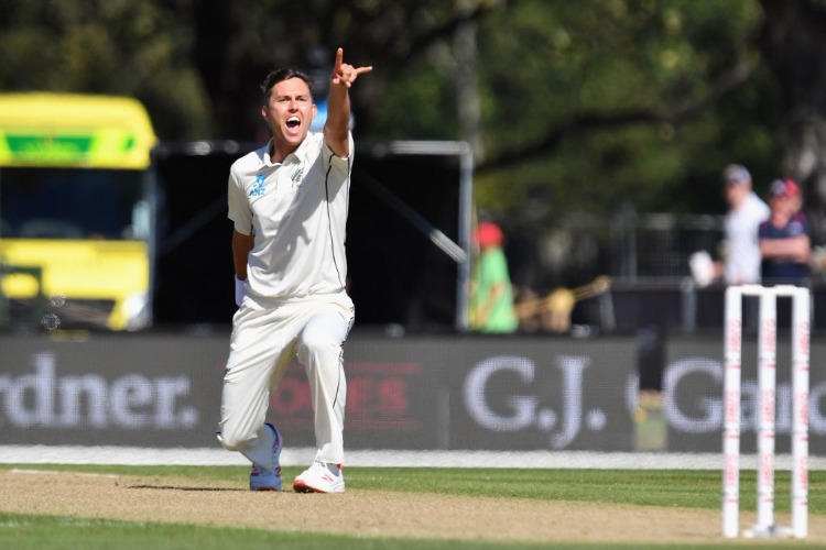 TRENT BOULT of New Zealand unsuccessfully appeals for the wicket of Joe Root of England during the Second Test match between New Zealand and England at Hagley Oval in Christchurch, New Zealand.