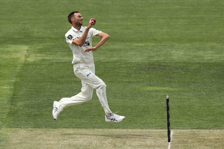 TRENT COPELAND of NSW bowls during day two of the Sheffield Shield match between New South Wales and Tasmania at Blundstone Arena in Hobart, Australia.