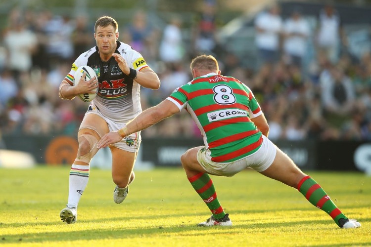 TRENT MERRIN of the Panthers runs the ball during the NRL match between the Penrith Panthers and the South Sydney Rabbitohs at Penrith Stadium in Sydney, Australia.