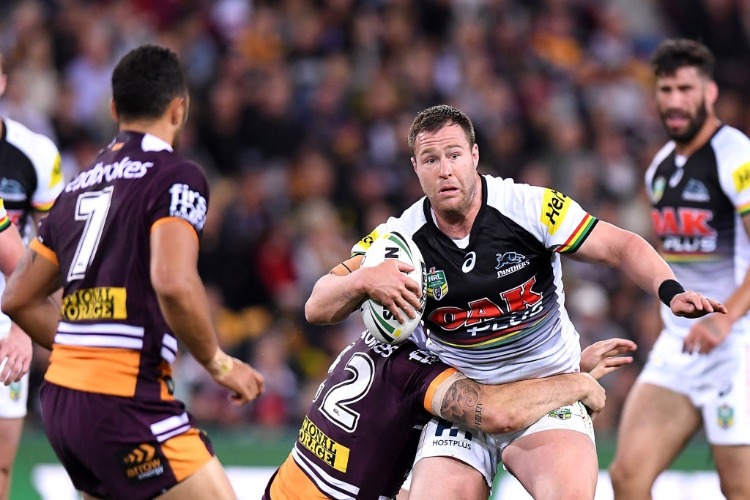 TRENT MERRIN of the Panthers in action during the NRL Semi Final match between the Brisbane Broncos and the Penrith Panthers at Suncorp Stadium in Brisbane, Australia. TRENT MERRIN of the Panthers in action during the NRL Semi Final match between the Brisbane Broncos and the Penrith Panthers at Suncorp Stadium in Brisbane, Australia.