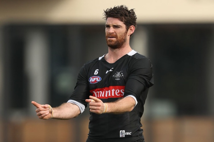 TYSON GOLDSACK of the Magpies gestures during a Collingwood Magpies AFL training session at Olympic Park in Melbourne, Australia. TYSON GOLDSACK of the Magpies gestures during a Collingwood Magpies AFL training session at Olympic Park in Melbourne, Australia.