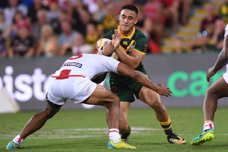 VALENTINE HOLMES of the Kangaroos is tackled during the 2017 Rugby League World Cup Final between the Australian Kangaroos and England at Suncorp Stadium in Brisbane, Australia.
