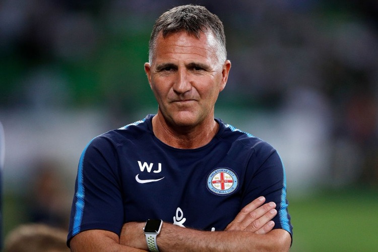 Coach WARREN JOYCE of Melbourne City looks on before the League match between Melbourne City FC and Melbourne Victory at AAMI Park in Melbourne, Australia.