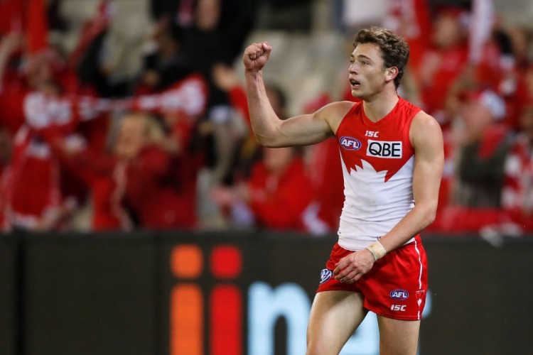 WILL HAYWARD of the Swans celebrates a goal during the 2018 AFL match between the Hawthorn Hawks and the Sydney Swans at the MCG in Melbourne, Australia.