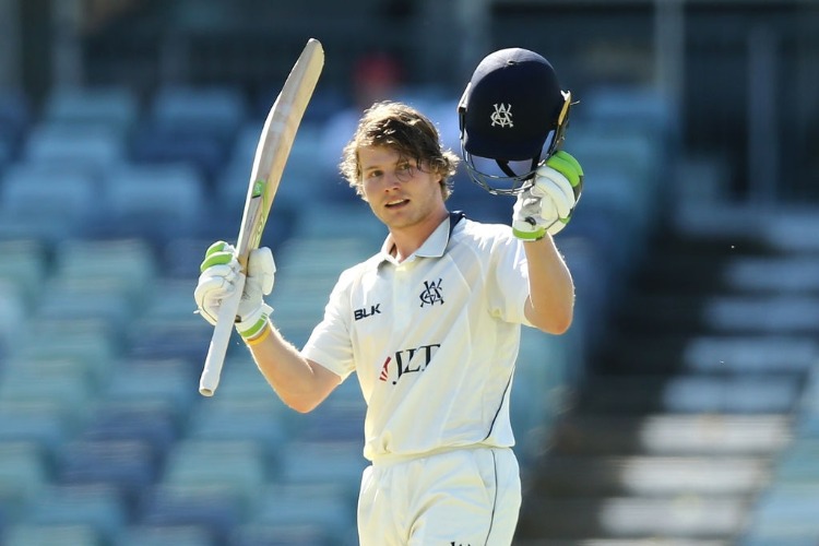 WILL PUCOVSKI of Victoria celebrates his double century during the Sheffield Shield match between Western Australia and Victoria at the WACA in Perth, Australia.
