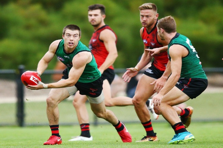 ZACH MERRETT of the Bombers looks upfield during the Essendon Bombers AFL Intra-Club Match at The Hangar in Melbourne, Australia.