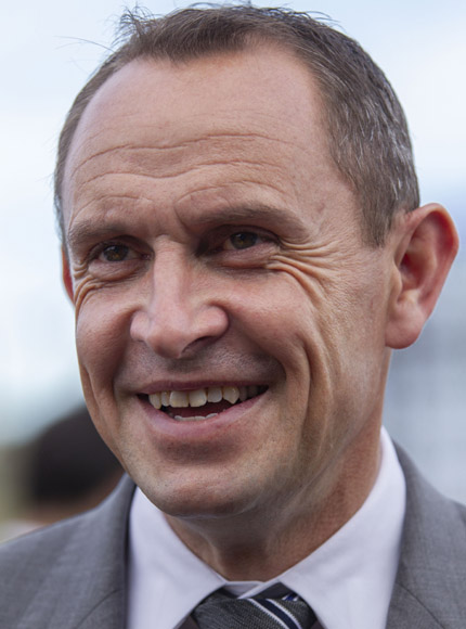 Trainer: CHRIS WALLER after, Comin' Through winning the Tramway Stakes