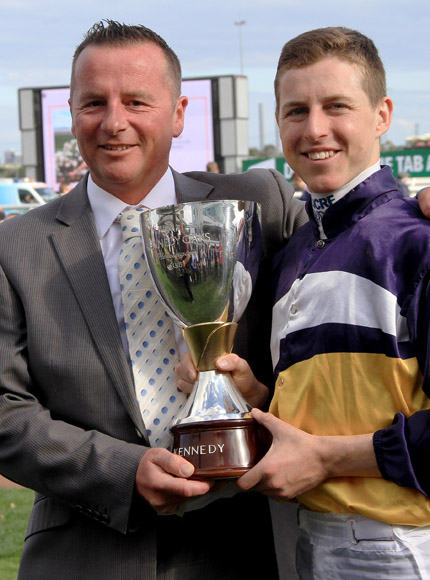 Matt Ellerton and Damien Lane with the Oaks trophy