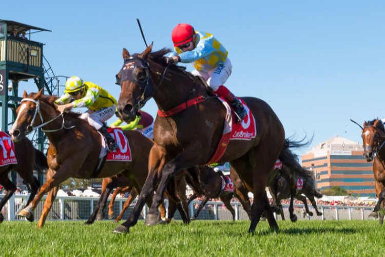 BOOKER winning the Oakleigh Plate during the Blue Diamond Stakes Day at Caulfield in Melbourne, Australia.