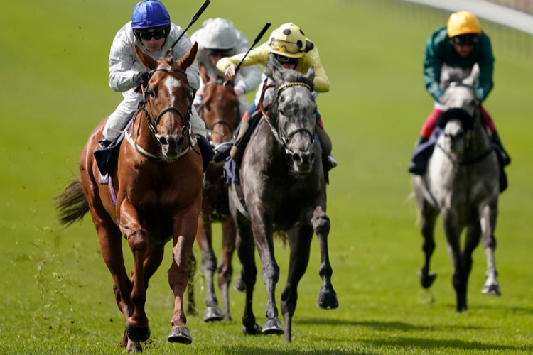 COMMUNIQUE winning the Roaring Lion Jockey Club Stakes during the QIPCO Guineas Festival in Newmarket, England.