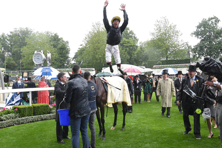 Frankie Dettori 'star Jump' after winning the 2019 G1 Prince of Wales's Stakes on Crystal Ocean