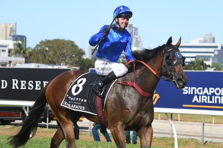 EXHILARATES winning the Magic Millions 2yo Classic. EXHILARATES winning the Magic Millions 2yo Classic.