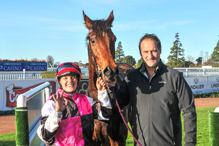 Apprentice Tanya Jonker poses with co-trainer Kelvin Tyler and Lil Miss Swiss at Riccarton