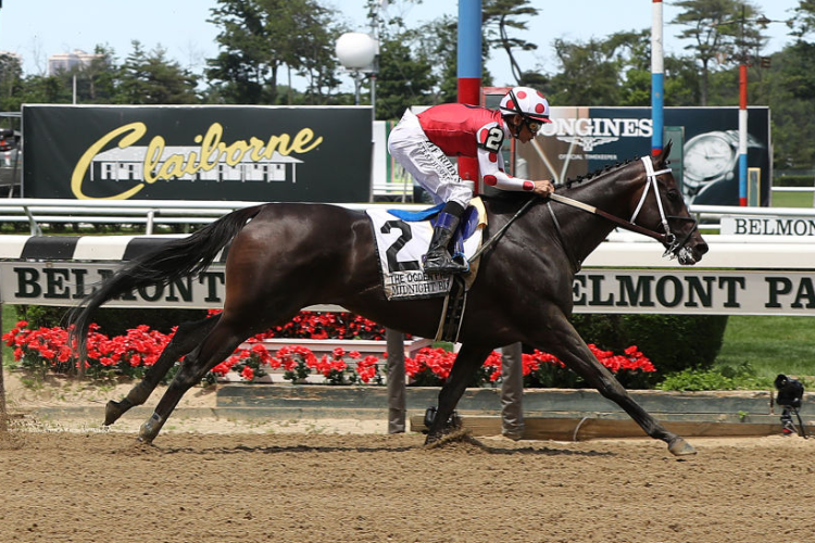 MIDNIGHT BISOU winning the Ogden Phipps Stakes at Belmont Park in Elmont, New York.