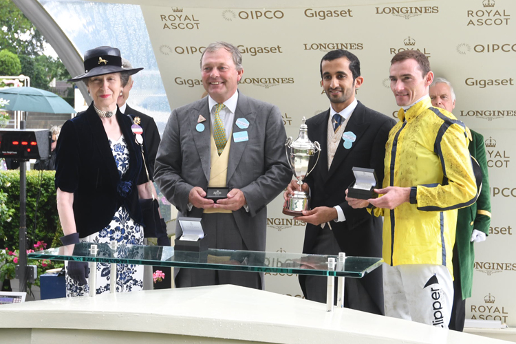Trophy Presentation by The Princess Royal after Move Swiftly won the Duke Of Cambridge Stakes