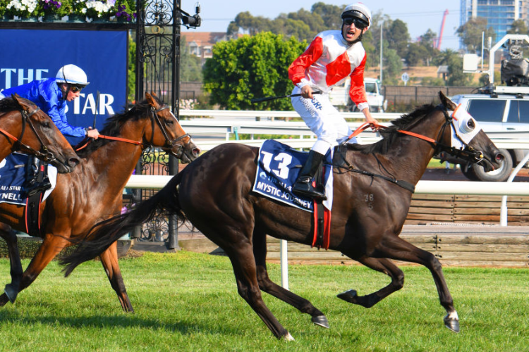 MYSTIC JOURNEY winning the All Star Mile during Melbourne Racing at Flemington in Melbourne, Australia.