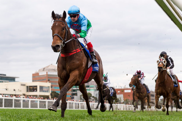 SCALES OF JUSTICE winning the Bletchingly Stakes during Melbourne Racing at Caulfield in Melbourne, Australia.