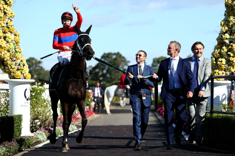 VERRY ELLEEGANT celebrates after winning the Vinery Stud Stakes during Sydney Racing at Rosehill Gardens in Sydney, Australia.