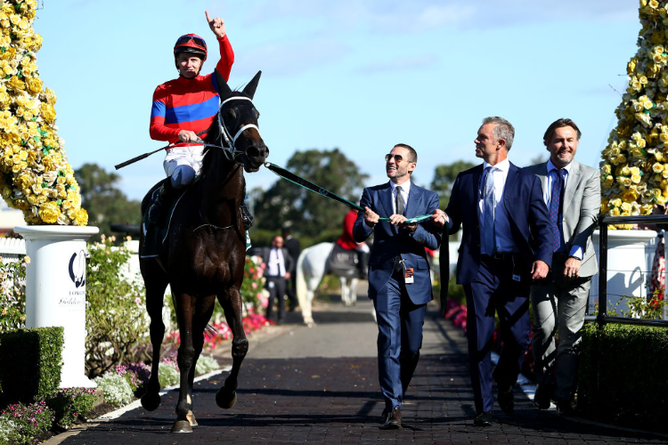 VERRY ELLEEGANT celebrates after winning the Vinery Stud Stakes during Sydney Racing at Rosehill Gardens in Sydney, Australia. VERRY ELLEEGANT celebrates after winning the Vinery Stud Stakes during Sydney Racing at Rosehill Gardens in Sydney, Australia.