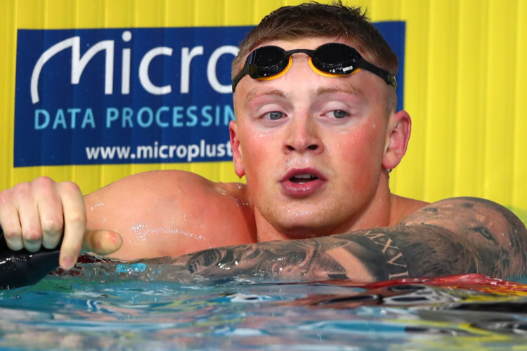 ADAM PEATY of Great Britain celebrates after winning the Men's 100m Breastroke Semi-Final during the European Championships Glasgow at Tollcross International Swimming Centre in Glasgow, Scotland.