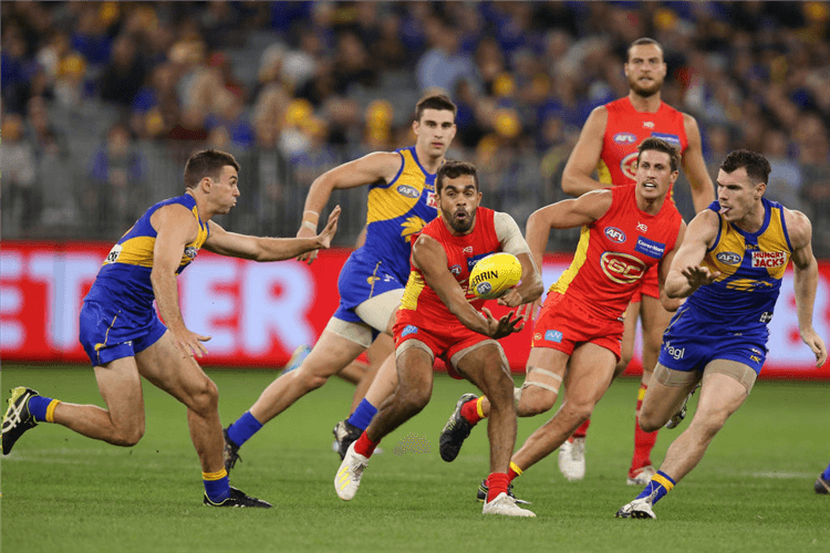 AFL match between the West Coast Eagles and the Gold Coast Suns at Optus Stadium in Perth, Australia.